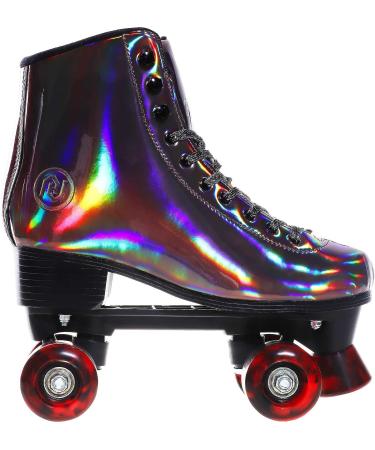 JajaHoho Women's Black Holographic High Top Roller Skates | Double-Row Quad Skates for Girls and Women, US 8 | Indoor Outdoor PU Leather Rollerskates - Buy Online on GoSupps.com