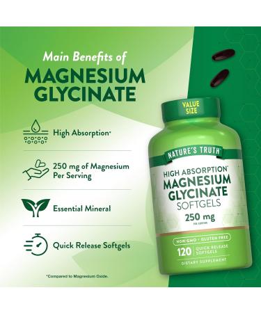 Nature's Truth Magnesium Glycinate 250mg | 120 Softgels | High Absorption | Non-GMO & Gluten Free Mineral Supplement - Buy Online on GoSupps.com
