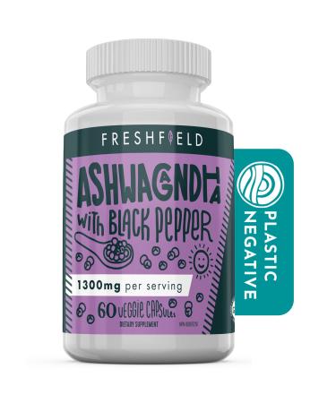 Freshfield Ashwagandha with Black Pepper. Vegan Friendly Supplement for Adrenal Fatigue Support Muscle Memory Thyroid and Strength. All Natural 1300mg Capsules