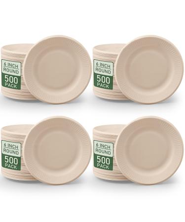 500 pcs Disposable Paper Plates 6 Inch Bulk Heavy Duty Sugarcane Brown Paper Plates Compostable Plates for Dessert Party Appetizer Cakes Restaurant Party Supplies