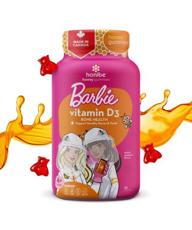 Honibe Vitamin D Gummies for Kids and Adults Barbie Honey-Based Vitamins Made in Canada Vitamin D3 Helps Support Bone Health Mood and Immune System Functions 60 gummies