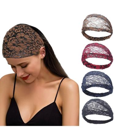 HAIMEIKANG Women Lace Headbands - 4 PCS Stunning Stretch Wide Floral Lace Headbands - hair scarfs for women fashion (Navy blue+Coffee+Wine Red+Black)