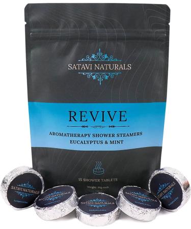 Satavi Naturals Revive Eucalyptus & Mint Aromatherapy Shower Steamers for Women & Men, Natural Essential Oils, Shower Bath Bombs, Vapor Tabs for Aromatic Self-Care (30g Tablets - 15 Pack)