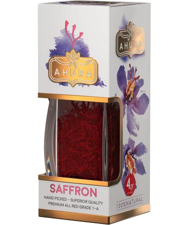 Ahura Finest Natural Saffron Threads - Pure Grade 1 All Red Saffron Spice - 4g Jar for Tea, Paella, Risotto, Pasta, Rice Cooking - No Additives - Buy Online on GoSupps.com
