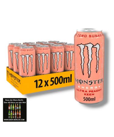 Bier Monster Energy Ultra Peachy Keen - Zero Sugar Energy - Pack of 12 x 500ml cans - Coasters with Berlin beer house