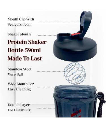 Qavi Protein Shaker Bottle 590ml Black - Stainless Steel Mixing Wire Ball, Tritan Material, BPA Free, Leakproof & Odourless - Buy Online on GoSupps.com
