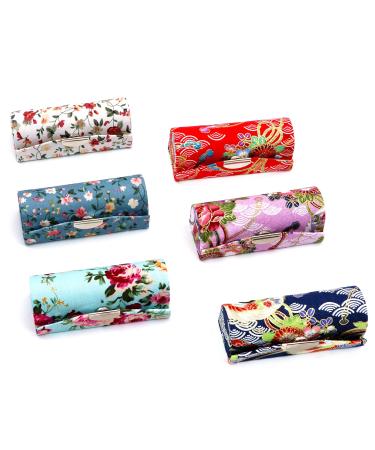 Outman PACK of 6 Floral Lipstick Case Holder with Mirror for Makeup Travel Cases Purse Lipstick Storage (Color 1)