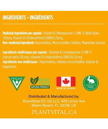 PlantVital High-Potency Vegan Vitamin D3 + K2 - (1000IU / 25 mcg + 120 mcg) for Bones Teeth Good Health and Immune System - Patented MK7 Form - K2 D3 vitamin - 8 Months Supply - 240 Capsules. 240 count (Pack of 1) - Buy Online on GoSupps.com