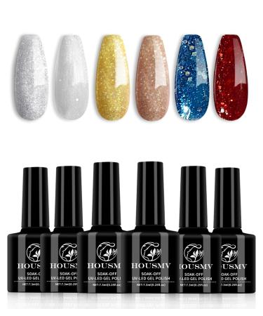 Sparkle Gel Nail Polish: 6 Colors Sparkle Red Blue Sliver Golden Copper Gel Polish Set Soak Off UV LED Nail Polish Gel manicure kit for Christmas Holiday Party Salon Home Gift for Women & Girls Glitter