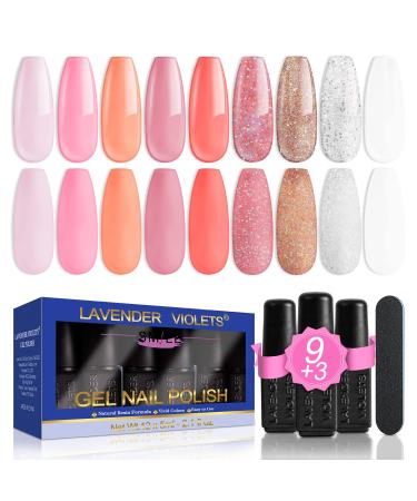 Lavender Violets 13 Pcs Gel Nail Polish French Nail White Gentle Pinky Glittery Sliver Gold Shiny Nail Art UV LED Soak Off With Base Coat Matte n No Wipe Top Coat Nail File Starter Manicure Kit C960A Gentle Pinky-960A
