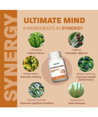 Ultimate Mind Brain Supplement Memory Focus Mental Sharpness Brain Booster Enhanced productivity 6 Ingredients: L-theanine Ginko Biloba Bacopa Monnieri Ginseng and more - 60 Capsules - Buy Online on GoSupps.com