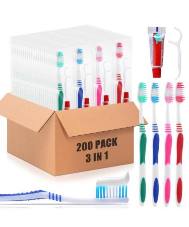 Yaomiao 200 Pack Disposable Toothbrushes with Toothpaste and Dental Floss Individually Wrapped Disposable Toothbrushes Bulk Travel Toothbrush Kit for Homeless Nursing Home Hotel Charity 4 Colors