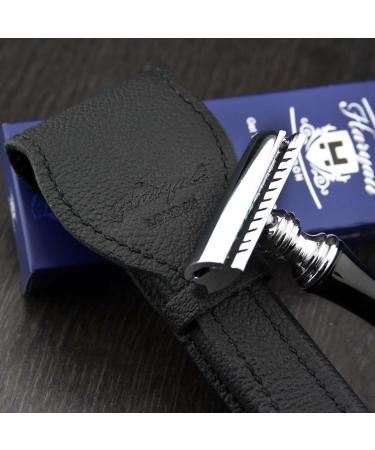 Men's Classic DE Safety Razor Black & Leather Pouch | Travel Essentials & Gifts for Him - Buy Online on GoSupps.com