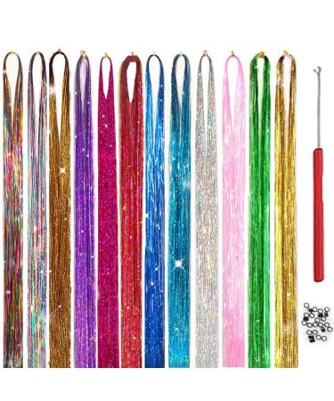 Wicwec Hair Tinsel 3400 Strands With Tools 44 Inch 12 Colors Fairy Hair Tinsel Kit Hair Tensile Holographic Glitter Tinsel Hair Extensions for Party  Birthday  Halloween  Christmas  Daily Life (12 Colors)
