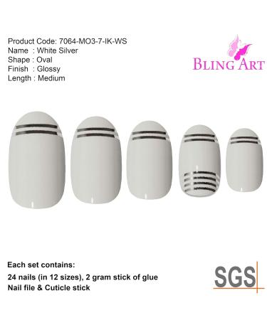 Shop Bling Art White Silver Glossy Oval False Nails - 24 Medium Tips | International Shipping - Buy Online on GoSupps.com