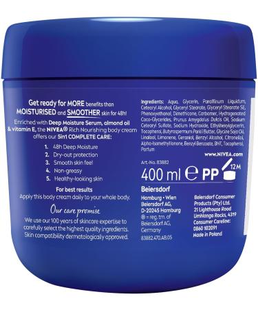 NIVEA Rich Nourishing Body Cream with Almond Oil 400ml Jar Deep Moisture for Dry to Very Dry Skin Long-Lasting Hydration Non-Greasy Formula Imported Pack of 3 - Buy Online on GoSupps.com