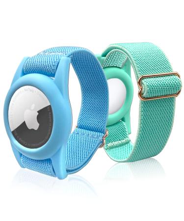 AirTag Bracelet for Kids AirTag Holder with Elastic Wristband Anti-Lost Watch Band for Apple Air Tag Adjustable Strap for Toddler 2 Pack BLUE+GREEN
