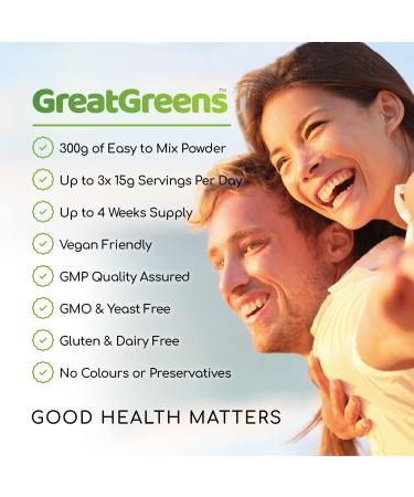 GreatGreens - Organic Greens & Superfood Powder - High Fibre Smoothie Drink - Green Food Fruits Vegetables Herbs Sprouts & Mushroom - Nutritious Raw Organic Greens Powder - 300g - Buy Online on GoSupps.com