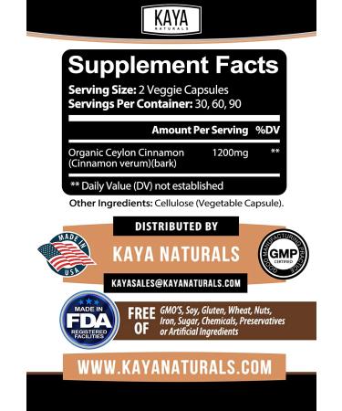 Kaya Naturals Organic Ceylon Cinnamon Supplement - 1200mg per Serving, 60 Capsules - Anti-inflammatory & Antioxidant Joint Support - Buy Online on GoSupps.com