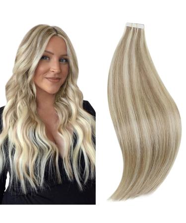 RUNATURE Tape in Hair Extensions Ash Brown Highlight Platinum Blonde Tape in Extensions Human Hair Blonde Tape Hair Extensions Straight 12 Inch 30g 12 Inch 1-Tape #8P60