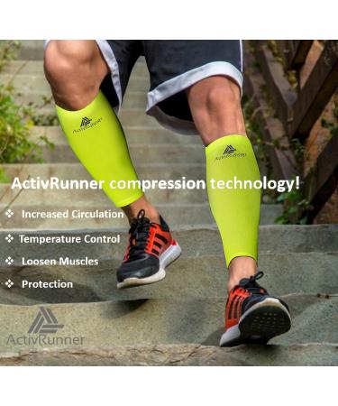 ActivRunner Calf Compression Sleeves. 2 Pairs Per Pack. Performance Compression Support for Improved Circulation Shin Splints Calf Muscle Cramps Injury Prevention Exercise Recovery Medium (calf 32-38cm) Fluorescent Yellow/Black - Buy Online on GoSupps.com