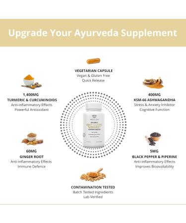 Organic Turmeric Capsules with Ashwagandha & Ginger - 1800mg High Strength Formula for Adaptogenic Support - 120 Vegan Tablets by Wellology - Buy Online on GoSupps.com