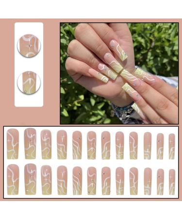 Justotry 24 Pcs White Swirl Diamond Pale Yellow French Press on Nails - Medium Acrylic Coffin Fake Nails for Women - Nail Art Designs - Includes Glue - Yellow & Wavy - Buy Online on GoSupps.com