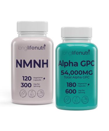 LongLifeNutri NMNH 300 mg & Alpha GPC 600 mg Bundle 120 & 180 Veg Capsules 2 3 Month Supply NAD Support & Cognitive Clarity High Purity Lab Tested Made in USA