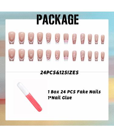 IMSOHOT Coffin Press on Nails - Long Acrylic French Ballerina False Nails | Glossy Full Cover Nude Glitter with Pink Heart Designs - 24PCS - Buy Online on GoSupps.com