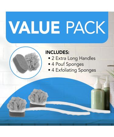 2 Pack Extra Long Handled Shower Scrub Brush Set with Loofah & Exfoliating Sponge - Body Scrubber for Radiant Glow - Includes 2 Loofahs & 2 Buff Sponges - Buy Online on GoSupps.com