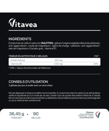Ail Noir Ferment 9000 mg (Extrait 30:1) + Vitamine B1 - Sant Cardiovasculaire Antioxydant Naturel - Sans Odeur - Fabriqu en France - 90 G lules V gan - Fabriqu en France - Vitavea - Buy Online on GoSupps.com