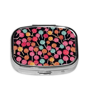 Lollipop Pattern Printing 2 Compartment Small Pill Case Cute Small Pill Box Purse Pill Boxs Travel Pill Organizer for Pocket Purse and Travel Gifts