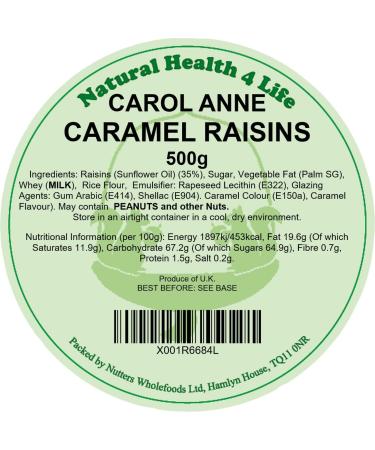 Natural Health 4 Life Carol Anne Confectionery Caramel Raisins 500 g in Recyclable Gift Jar (1 Jar) 500g - Buy Online on GoSupps.com