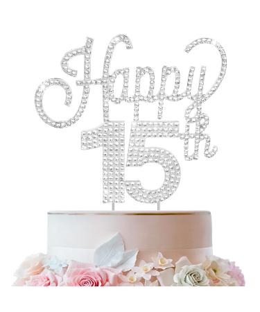 LINGTEER Happy 15th Birthday Silver Rhinestone Cake Topper - Cheers to 15th Birthday Fifteen Years Old Party Cake Centerpieces Topper Decorations Gift Sign. Silver 15th