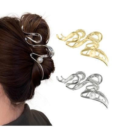 Hair clips Large pearl hair clips slide-resistant metal hair clip silver gold hair clip Strong hold hair accessories for women and girls hair accessories (2 pieces) silver golden