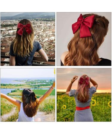 Hair Clip with Bow Bow Hair Women's Hair Bows French Large Bow Hair Clips Hair Clip for Girls Soft Silky Satin Hair Clip for Party Women (Black Red) - Buy Online on GoSupps.com