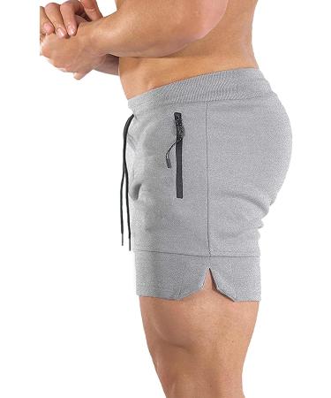BUXKR Men's 5 Inch Quick Dry Gym Workout Shorts with Zipper Pockets - Light Grey, Medium - Buy Online on GoSupps.com