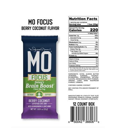 MO FOCUS BARS - All-Natural Superfood Date Bar with Ashwagandha & Lion's Mane - Berry Coconut (12 Bars) - Buy Online on GoSupps.com