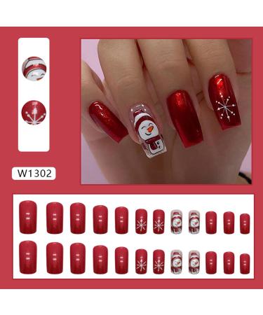 Christmas Press on Nails Cute Snowman & Snowflake Design | Glossy Red False Nails | Medium Square | Reusable Stick-on Nails for Holiday Manicure - Buy Online on GoSupps.com