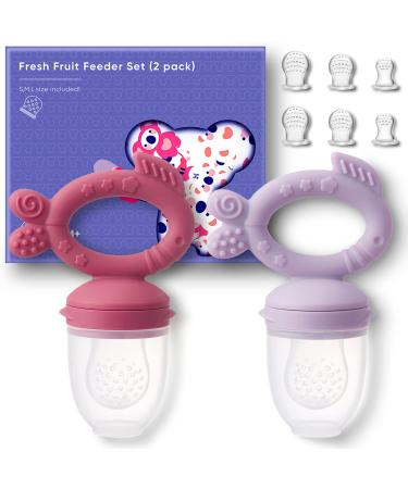 KoalaZoom Baby Fruit Feeder Pacifier Fresh Food Feeder (2 Count) Silicone Fruit Teether for Babies Infant Fruit Teething Toy Includes Additional Silicone Sacs Ideal Baby Feeding Supplies Lavender & Rapture Rose