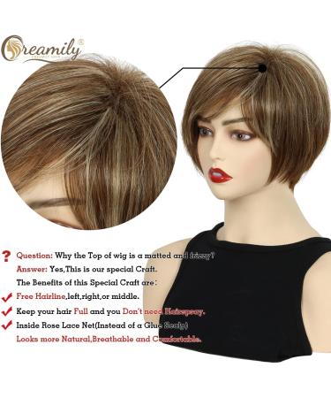 Short Brown Pixie Wig for Women - Layered Short Hair with Bangs, Natural Synthetic Fiber - Brown with Blonde Highlights - Buy Online on GoSupps.com