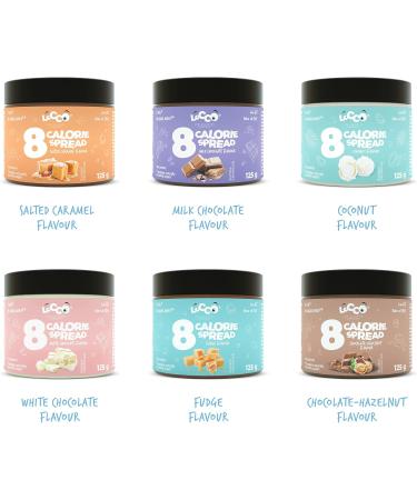 LOCCO 8 Calorie Spread 6-Pack Box | Flavours - Salted Carmel Milk Chocolate Coconut White Chocolate Fudge Chocolate Hazelnut | Keto Diet Vegetarian Smooth Paste Sweet Snack | 6x125g - Buy Online on GoSupps.com