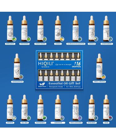 HIQILI Essential Oils Set - 16x10ml Aromatherapy Scents for Diffusers at Home - Lavender, Peppermint, Tea Tree, Orange, Lemongrass, Eucalyptus - Buy Online on GoSupps.com