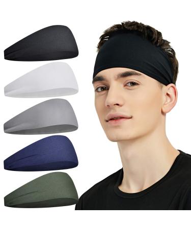 Pilamor Sports Headbands for Men (5 Pack),Moisture Wicking Workout Headband, Sweatband Headbands for Running,Cycling,Football,Yoga,Hairband for Women and Men Gray, Green, White, Blue, Black