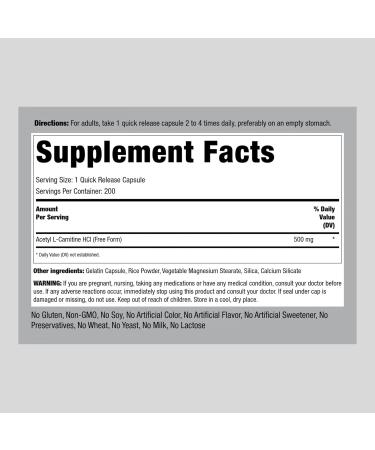 Piping Rock Acetyl L-Carnitine 500mg | 200 Capsules | Non-GMO Gluten Free Supplement - Buy Online on GoSupps.com