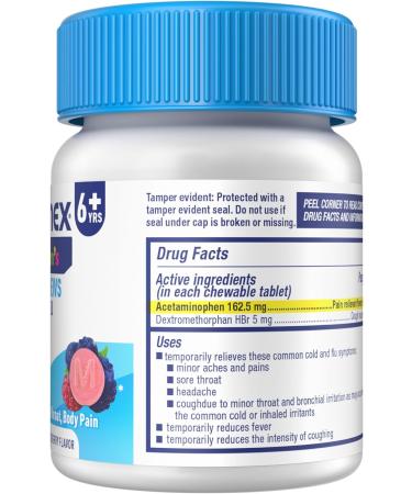 Mucinex Children's Mighty Chews Cold and Flu Medicine Easy to Dose Children's Acetaminophen & Dextromethorphan Kids Cough Medicine Ages 6+ Mixed Berry Flavor 16 Medicated Chewable Tablets Day 16 Count (Pack of 1) - Buy Online on GoSupps.com
