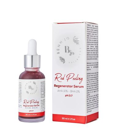 Bennjo Cosmetics Red Peeling Serum | AHA 10% + BHA 2% Pore Refining & Brightening | Daily Facial Serum for All Skin Types - 1 Fl Oz - Buy Online on GoSupps.com