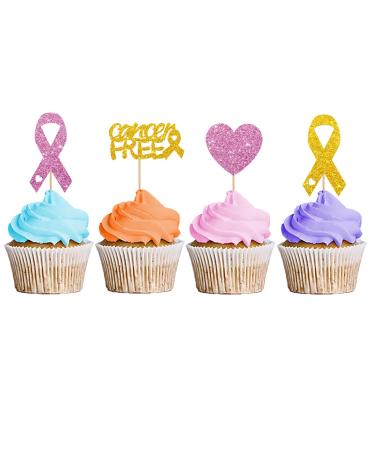 Cancer Free Cupcake Toppers Breast Cancer Awareness Cupcake Toppers Cancer Warrior/Survior Dessert Picks Pink Power Hope Ribbon Sign Party Decoration - Pink & Gold Glitter