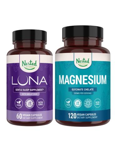 Nested Naturals Luna Sleep Aid & Magnesium Glycinate Chelate for Sleep Relaxation & Recovery (180 Capsules)
