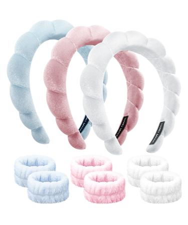 Sponge Makeup Spa Headband for Washing Face Puffy Cloud Foam Bubble Headbands and Wristband Set for Skin Care GRWN Skincare Chunky & Big Beauty Head Band Cute for Women - Pink Blue White 3-Pack Pink + Blue + White